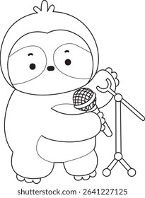 Coloring page of Cute sloth vector icon. Outline of Funny baby sloth animal. outline of sloth sing a song with microphone