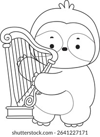 Coloring page of Cute sloth vector icon. Outline of Funny baby sloth animal. outline of sloth playing a harpa