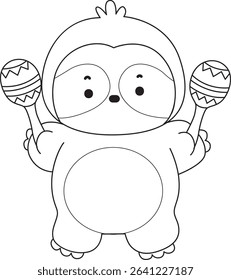 Coloring page of Cute sloth vector icon. Outline of Funny baby sloth animal. outline of sloth playing a maracas

