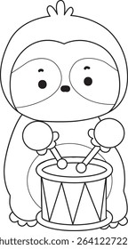 Coloring page of Cute sloth vector icon. Outline of Funny baby sloth animal. outline of sloth playing a drum