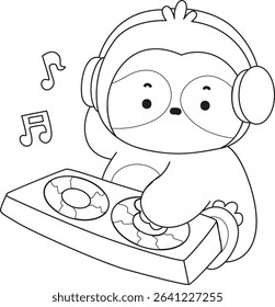 Coloring page of Cute sloth vector icon. Outline of Funny baby sloth animal. outline of sloth playing a disc in the DJ clubbing