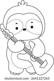Coloring page of Cute sloth vector icon. Outline of Funny baby sloth animal. outline of sloth playing an electric guitar
