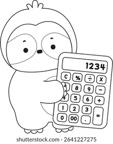 Coloring page of Cute sloth vector icon. Outline of Funny baby sloth animal. outline of sloth bring a calculator