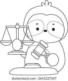 Coloring page of Cute sloth vector icon. Outline of Funny baby sloth animal. outline of sloth bring a hammer and scales like a justice
