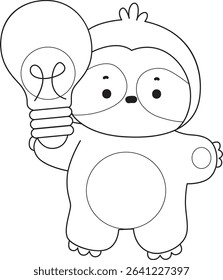 Coloring page of Cute sloth vector icon. Outline of Funny baby sloth animal. outline of sloth bring a lamp
