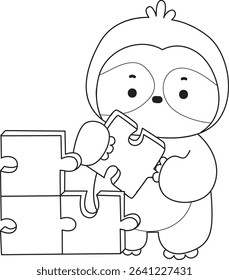 Coloring page of Cute sloth vector icon. Outline of Funny baby sloth animal. outline of sloth bring a puzzle