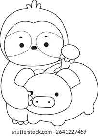 Coloring page of Cute sloth vector icon. Outline of Funny baby sloth animal. outline of sloth savings money in the Piggy bank