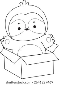 Coloring page of Cute sloth vector icon. Outline of Funny baby sloth animal. outline of sloth stuck in the box