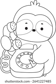Coloring page of Cute sloth vector icon. Outline of Funny baby sloth animal. outline of sloth calling someone with telephone