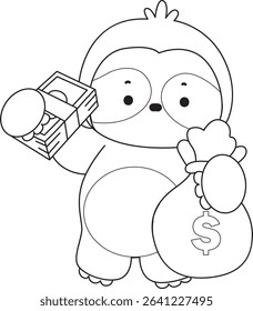 Coloring page of Cute sloth vector icon. Outline of Funny baby sloth animal. outline of sloth bring a lot of money
