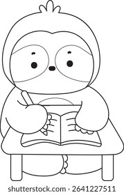 Coloring page of Cute sloth vector icon. Outline of Funny baby sloth animal. outline of sloth writing in the book
