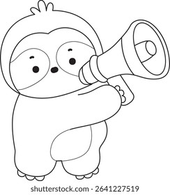 Coloring page of Cute sloth vector icon. Outline of Funny baby sloth animal. outline of sloth sounding with megaphone