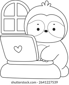 Coloring page of Cute sloth vector icon. Outline of Funny baby sloth animal. outline of sloth working in the notepad