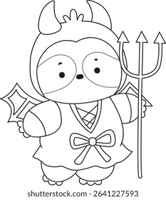 Coloring page of Cute sloth vector icon. Outline of Funny baby sloth animal. outline of sloth wearing a red devil costume