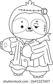 Coloring page of Cute sloth vector icon. Outline of Funny baby sloth animal. outline of sloth wearing a Frankenstein costume