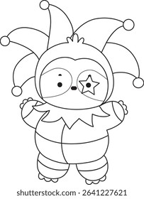 Coloring page of Cute sloth vector icon. Outline of Funny baby sloth animal. outline of sloth wearing a clown costume