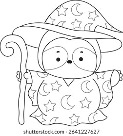 Coloring page of Cute sloth vector icon. Outline of Funny baby sloth animal. outline of sloth wearing a witch costume with stick