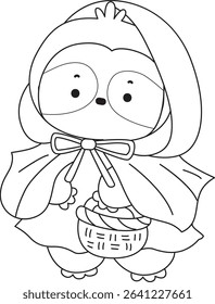 Coloring page of Cute sloth vector icon. Outline of Funny baby sloth animal. outline of sloth wearing a red riding hood costume 