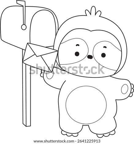 Coloring page of Cute sloth vector icon. Outline of Funny baby sloth animal. outline of sloth sending a message by mail box
