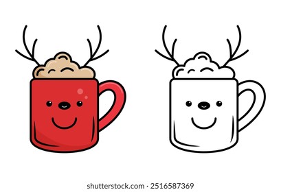 Coloring page of cute smiling red reindeer hot chocolate mug for kids. Color me activity, vector illustration ready for print.