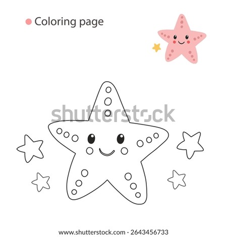 Coloring page of cute smiling starfish with decorative dots and happy face, includes small colored version – perfect for kids’ ocean-themed activities.