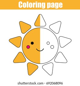 Coloring page with cute smiling sun character. Color the picture drawing activity. Educational game for pre school aged kids, weather theme. Printable kids activity