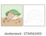 A coloring page of a cute snail sleeping under a leaf. A cozy spring coloring page for children. Draw and color the cute snail. Illustration of a cute snail sleeping under a leaf. A snail using a leaf to shelter from the rain. 