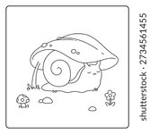 A coloring page of a cute snail sleeping under a leaf. A cozy spring coloring page for children. Draw and color the cute snail. Illustration of a cute snail sleeping under a leaf. A snail using a leaf to shelter from the rain. 