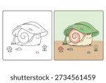 A coloring page of a cute snail sleeping under a leaf. A cozy spring coloring page for children. Draw and color the cute snail. Illustration of a cute snail sleeping under a leaf. A snail using a leaf to shelter from the rain. 