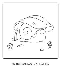 Una página para colorear de un caracol lindo durmiendo bajo una hoja. Un acogedor dibujo para colorear de primavera para niños. Dibuja y colorea el caracol lindo. Ilustración de un caracol lindo durmiendo bajo una hoja. Un caracol usando una hoja para protegerse de la lluvia. 