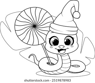 Coloring page. Cute Snake in Santa Claus Hat 