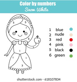 Coloring page with cute Snow White fairy tale princess character. Color by numbers educational children game, drawing kids activity, printable sheet.