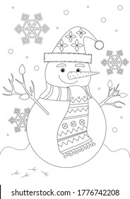 Coloring page with cute snowman in a scarf and christmas hat as a concept of Christmas, winter, holiday, snow. Outline colorless vector stock illustration as anti stress coloring book for adults