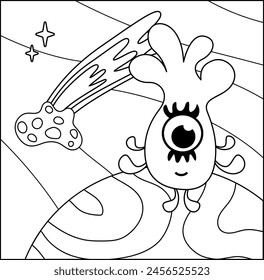 Coloring page. Cute space monster and meteor in space. Black and white ufo in space. Color me. Isolated vector illustration eps 10
