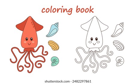 Coloring page with cute squid, coloring book for kids,  fish vector illustration