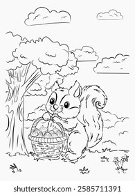 Coloring Page of Cute Squirrel Holding Acorn in the Forest, Black and White Outline. Fun Activity for Kids