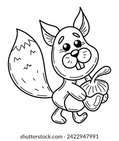 Coloring page cute squirrel with nut sketch. Animal cartoon. Hand drawn vector illustration.