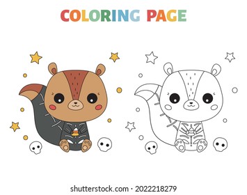 Coloring Page With Cute Squirrel In Skeleton Costume. Halloween Party Game For Kids. Cartoon Kawaii Animals. Educational Coloring Book. Vector Illustration.