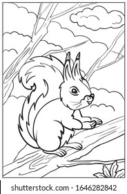 Coloring page with a cute squirrel. A cute unicorn in magic country. Kids art activity page. Children paint game. Education developing worksheet. Drawing coloring birthday decor. Vector illustration.