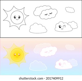 Coloring page of cute sun with cloud friends. Full-color and line art for coloring. Worksheet for students and teachers. Children's illustration.