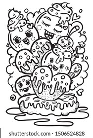 Coloring Page of cute sweets and characters, happy 