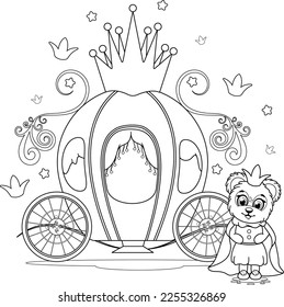 Colorido de la página. Princesa de oso de peluche cerca del carruaje de hadas