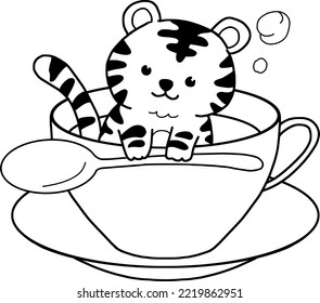 Coloring page cute tiger cartoon in a coffee cup.vector illustration