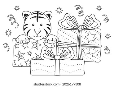 Coloring page with cute tiger cub face, different gift boxes and confetti, black and white outline elements on a white. Vector design template for kids coloring book, poster, banner, postcard or print