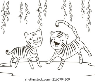 Página de color con tigre lindo sobre fondo blanco. Ilustración vectorial de contorno en blanco y negro de la jungla para un libro de coloreo.