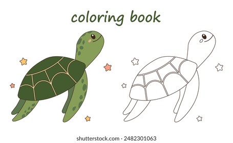 Coloring page with cute turtle, coloring book for kids,  fish vector illustration