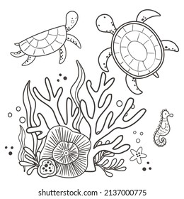 Coloring Page With Cute Turtle, Sea Horse And Coral. Sea Outline Vector Illustration. Black And White Illustration For Coloring.
