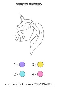 Coloring page with cute unicorn. Color by numbers. Math game for kids.