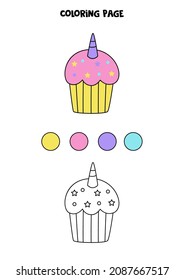  Coloring page with cute unicorn cupcake. Worksheet for children.