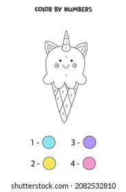  Coloring page with cute unicorn ice cream. Color by numbers. Math game for kids.